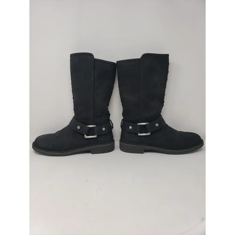 UGG Black Suede Lug Sole Buckle Moto Biker Harness Boot 7.5 Basket Weave 1016923